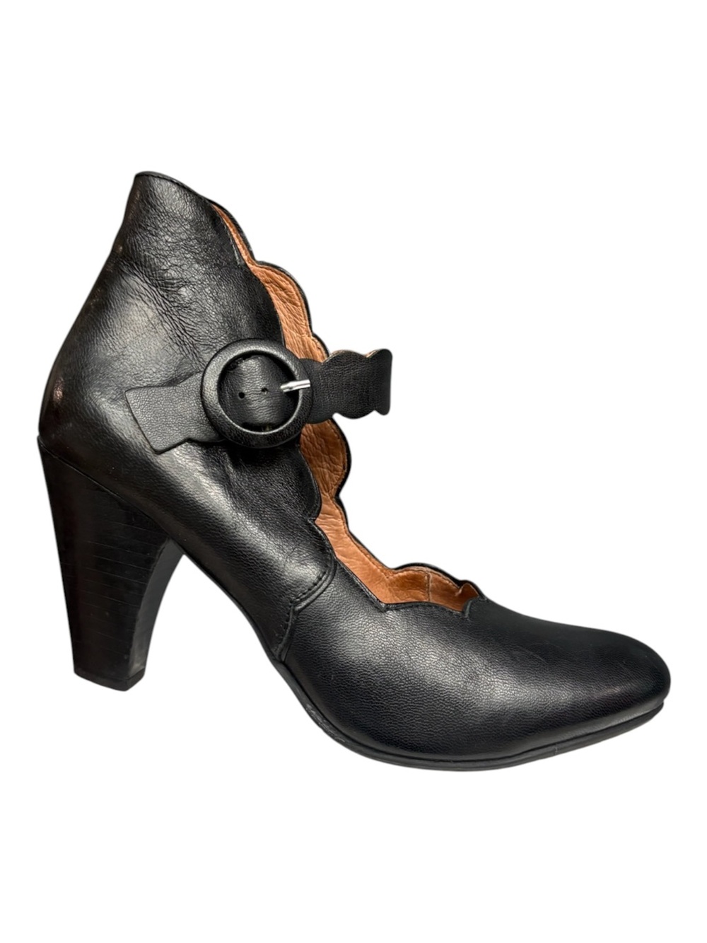 Miz Mooz Carissa Black Leather Scalloped Mary Jane Heels Size 8